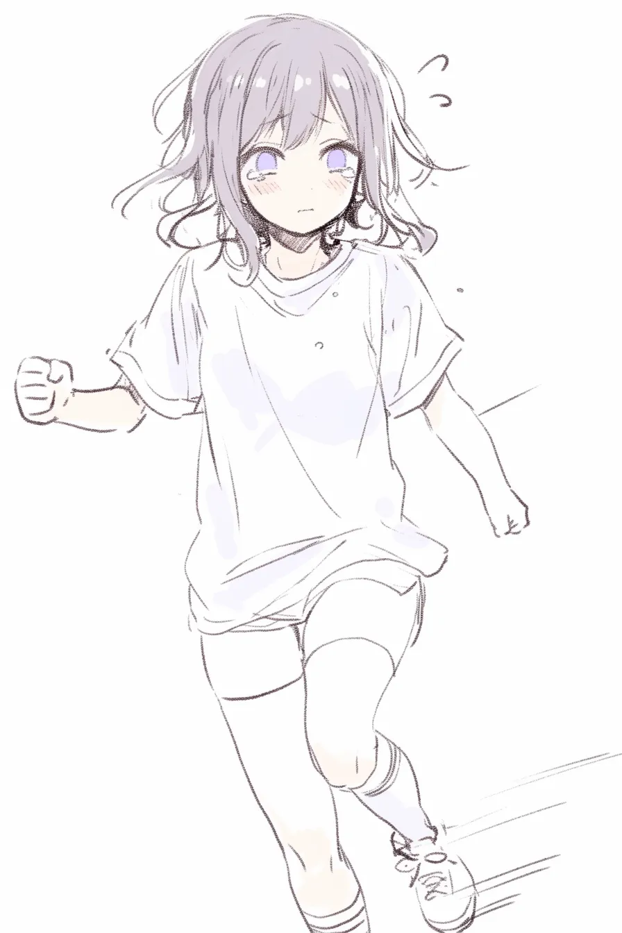 正面走るの少女B｜【基本構造】全身を軽く前に傾けた描き方で、腕は胸元で固め、脚の力強さを強調しています。肩と腰の回転が控えめで、縦の動きが目立つ構図です。<br>【演出の方向性】少し潤んだ目と小さな口元で疲労や焦りを示し、走る動作に不安定さを感じさせます。全体的に繊細な印象が強く出ています。<br>