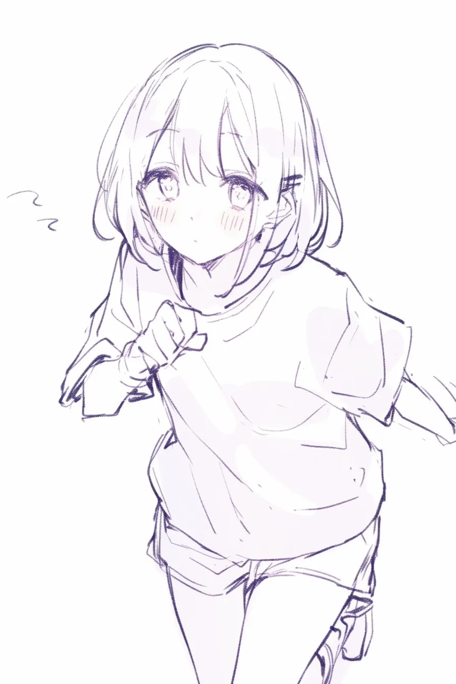 正面走るの少女E｜【基本構造】上体をやや引き気味にして正面へ走る描き方で、腕は胸元近くで小さく振られています。顔が前へ張り出して視線が強調されています。<br>【演出の方向性】頬の赤みと無言の口元が、緊張感や必死さを漂わせます。全体的に繊細ながらも懸命に走る印象を与えます。<br>