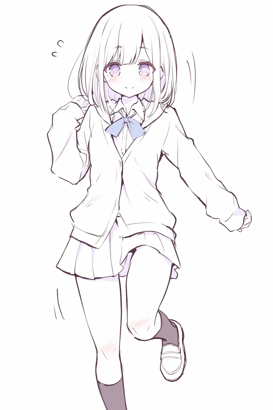 正面走るの少女J｜【基本構造】肩の上下動を抑え、腕を小さく振る描き方で軽やかなステップを表現。膝を高く上げず、リズム重視の動きになっています。<br>【演出の方向性】頬の赤みと小さな汗が努力を示しつつも、にこやかな笑みで安心感を演出。制服姿が日常的な走りの雰囲気を強めています。<br>