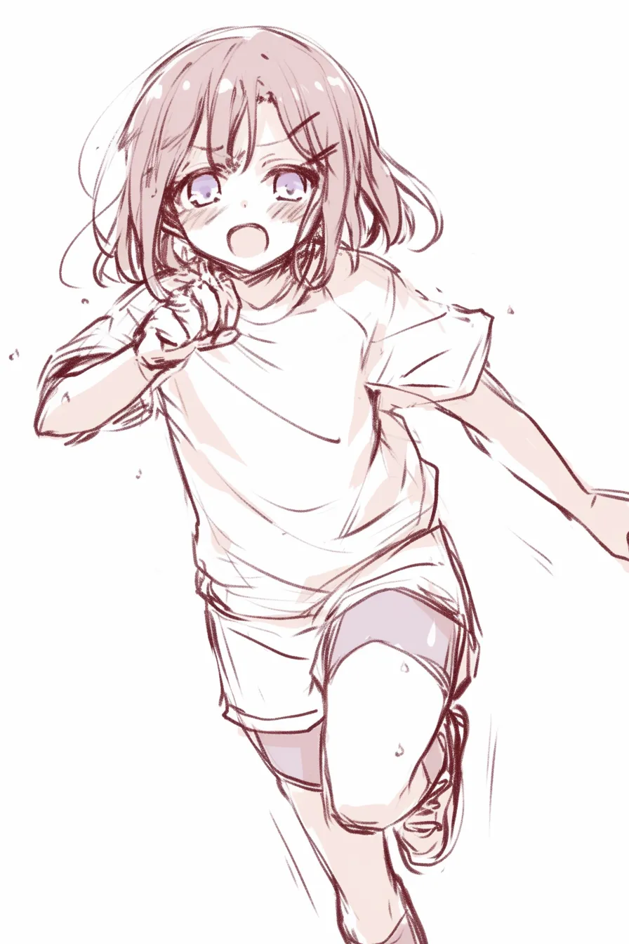 正面走るの少女L｜【基本構造】全身を前傾させ、腕を大きく振る描き方で疾走感を全面に表現。脚は長く伸ばされ、正面から迫ってくる迫力が際立っています。<br>【演出の方向性】鋭い目つきと開いた口元が、緊張感や必死さをダイレクトに伝えています。汗の描写が臨場感を増し、真剣勝負の場面を強調しています。<br>