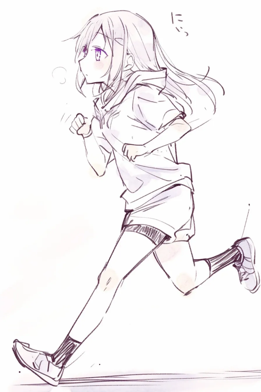 横走るの少女C｜【基本構造】両腕を小さくまとめ、足を大きく前方に出す描き方。体のラインが直線的で、安定した疾走感を表しています。<br>【演出の方向性】目を横に向けた鋭い視線と頬の赤みが、集中と熱意を伝えています。髪のなびきが動作をさらに引き立てています。<br>