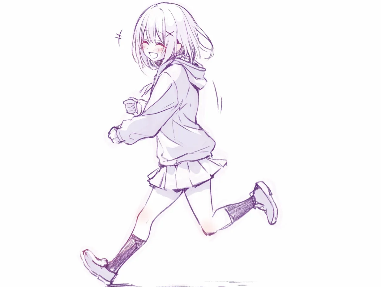 横走るの少女G｜【基本構造】パーカーとスカート姿で腕を小さく振り、脚を大きく前に踏み込む描き方。動作に弾みがあり、全体に跳ねる印象です。<br>【演出の方向性】大きな笑顔で無邪気さを演出。リズム感のあるポーズと髪の揺れが、走ることの楽しさを強調しています。<br>