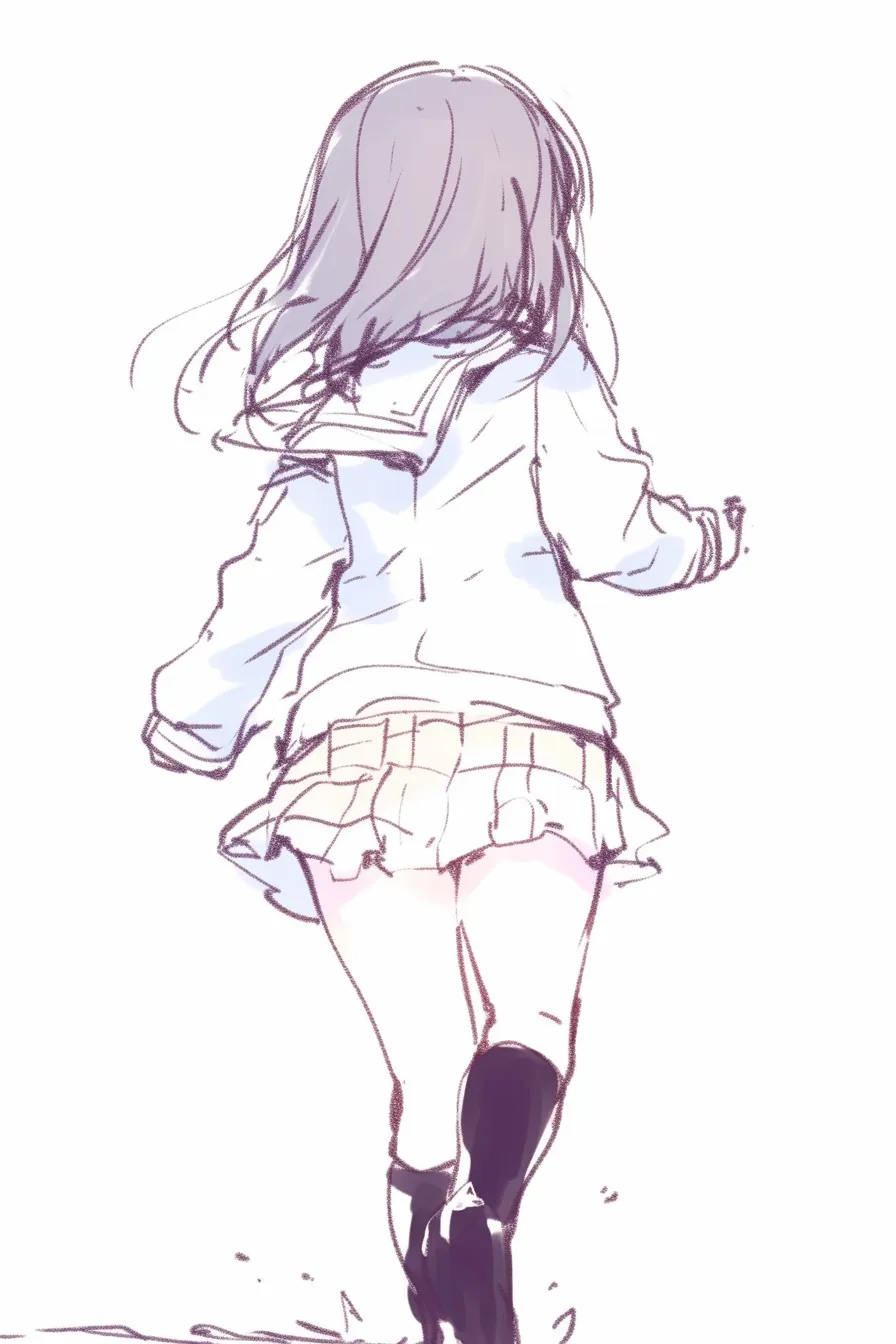 後ろ姿走るの少女D｜【基本構造】上半身を起こし、脚を大きく前に伸ばした描き方で、背筋が伸びた安定感のある走りを示しています。<br>【演出の方向性】髪の揺れを強めに描き、背中からの印象を華やかに演出。落ち着いた雰囲気と疾走感が共存しています。<br>