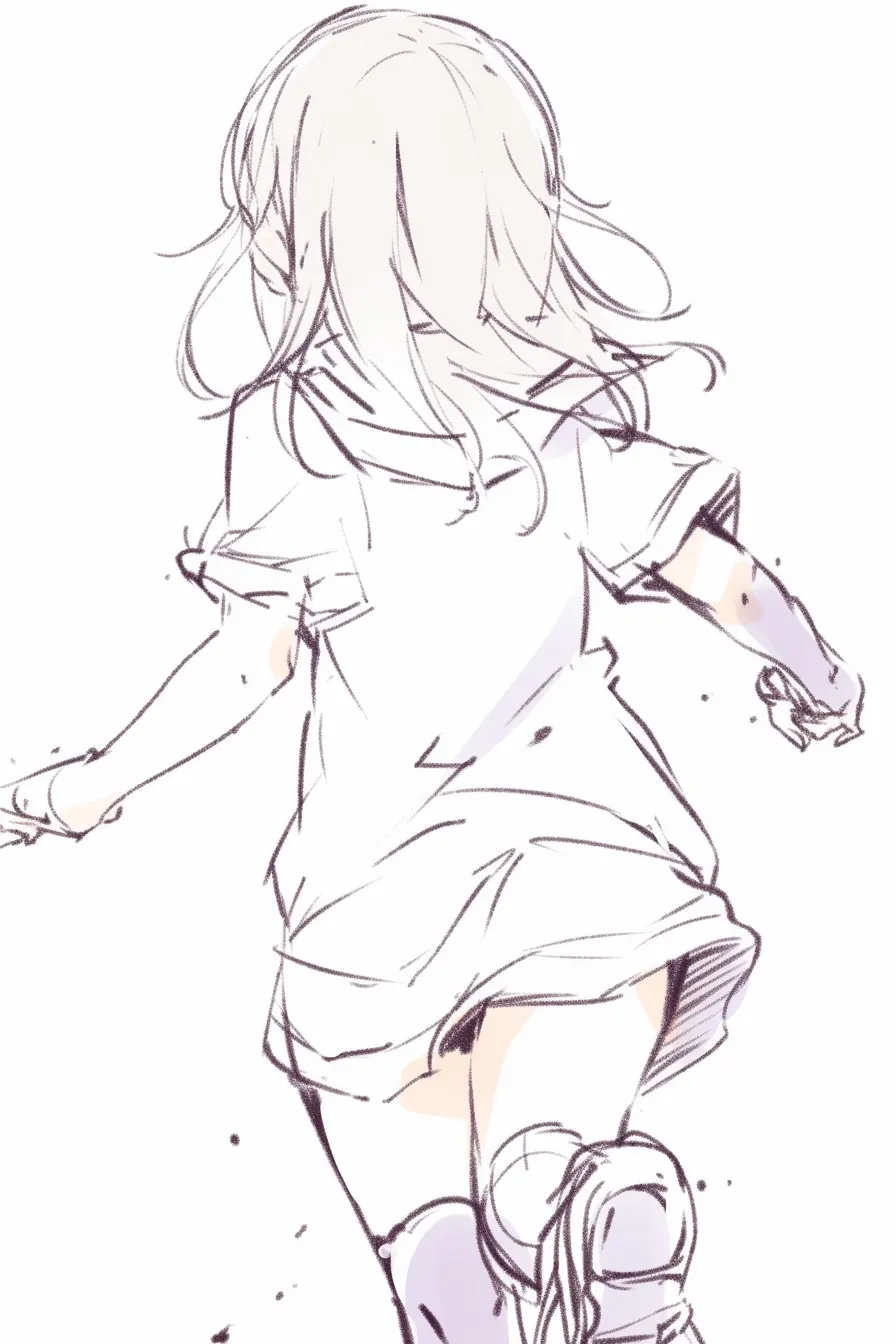 後ろ姿走るの少女F｜【基本構造】肩から腰までを大きく揺らし、腕を広げた描き方。脚は地面を強く蹴り、疾走の勢いが伝わります。<br>【演出の方向性】髪の流れと背中のラインで疾走感を強く演出。スポーティで力強い印象を与えます。<br>