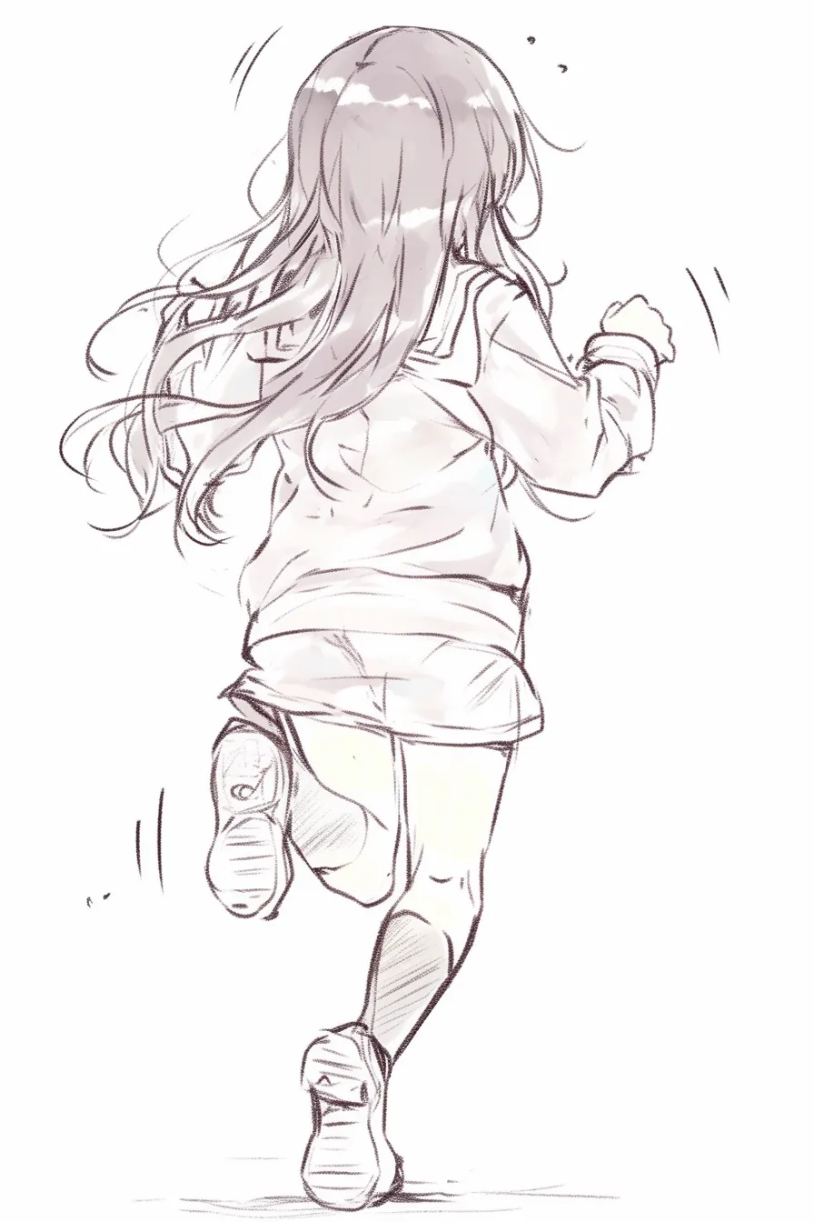 後ろ姿走るの少女G｜【基本構造】体をやや前傾させ、腕を自然に広げる描き方で、脚のリズミカルな動きが際立っています。<br>【演出の方向性】背中から覗く髪のなびきが爽やかさを演出。全体に軽快で自然体の走りを表現しています。<br>