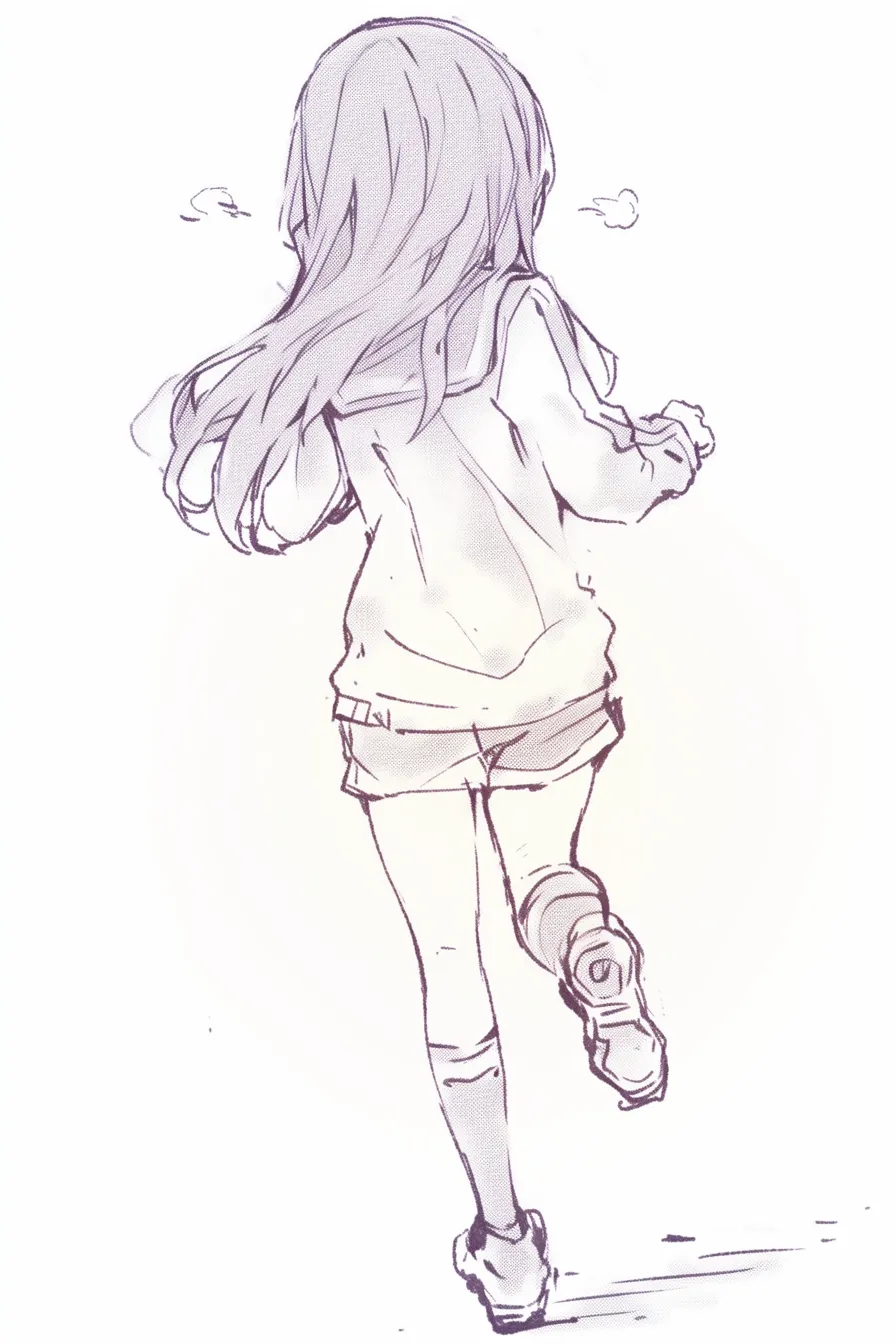 後ろ姿走るの少女H｜【基本構造】背筋を伸ばして両腕を軽く振り、片脚を大きく上げる描き方。長い髪が後方に流れ、動作の方向性を際立たせています。<br>【演出の方向性】吐息の線が運動感を強調し、後ろ姿に爽やかな疾走感を与えています。穏やかな走り去りの雰囲気です。<br>