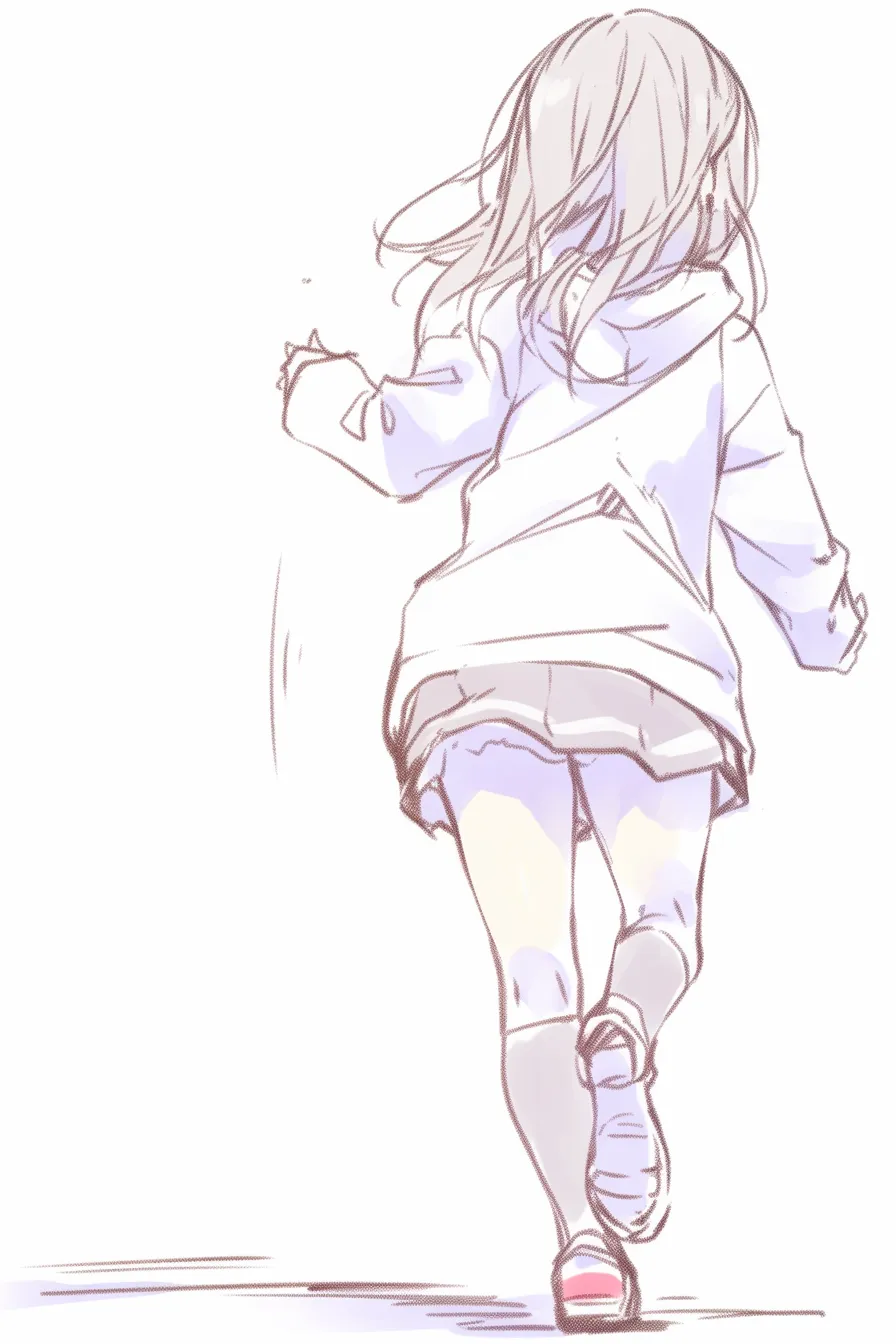 後ろ姿走るの少女I｜【基本構造】体をやや前傾させ、両腕をリズミカルに振る描き方。髪とスカートが後方に広がり、軽快な走りを演出しています。<br>【演出の方向性】柔らかい色調とふわりと広がる動きで、自然体の走る姿を表現。穏やかな印象と軽さが前面に出ています。<br>