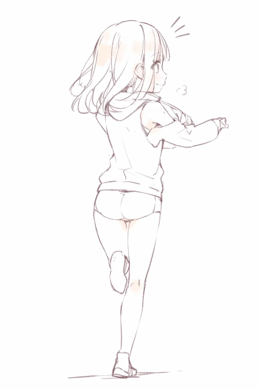 後ろ姿走るの少女J｜【基本構造】振り返りながら片脚を高く上げる描き方で、上半身のひねりが特徴的。動作に立体感が強調されています。<br>【演出の方向性】振り返る表情に驚きや気付きが加わり、走る動作にストーリー性が生まれています。観る側との関わりを意識した演出です。<br>