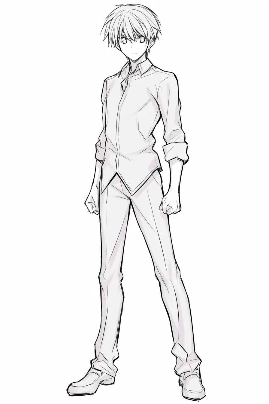 立ち絵の男（拳を握る立ち姿）｜【基本構造】両足を広げて安定させ、拳を握った両手を下げる描き方で、正面を向く姿勢を強調しています。シャツの袖をまくり上げて緊張感を加えています。<br>【演出の方向性】引き締まった表情と握りしめた拳が決意を示し、静かな闘志を漂わせる印象を与えています。<br>