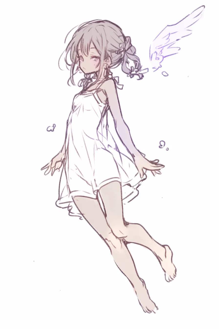 空を飛ぶ天使風｜【基本構造】両腕を体の横に垂らし、脚をそろえて伸ばす描き方で、重力から解放された安定した浮遊感を描いています。<br>【演出の方向性】柔らかい目元と緩やかな髪の流れが静謐な雰囲気を作り、空に漂う天使のような優雅さを表現しています。<br>