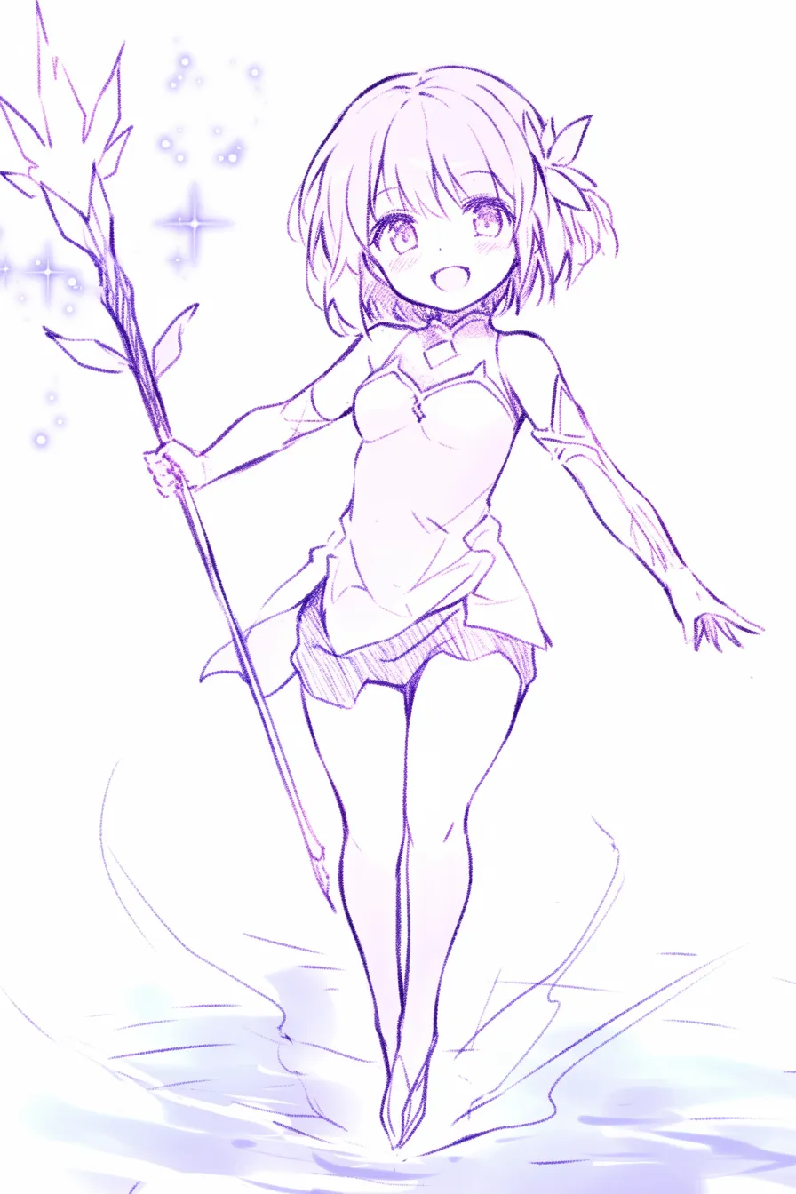 空を飛ぶ魔法少女｜【基本構造】杖を手に持ち、水面から軽やかに浮かぶ描き方で、上下のリズムを強調しています。<br>【演出の方向性】光のエフェクトや微笑みを加えることで、魔法の力で飛んでいる印象を強め、ポジティブで明るい雰囲気を作り出しています。<br>