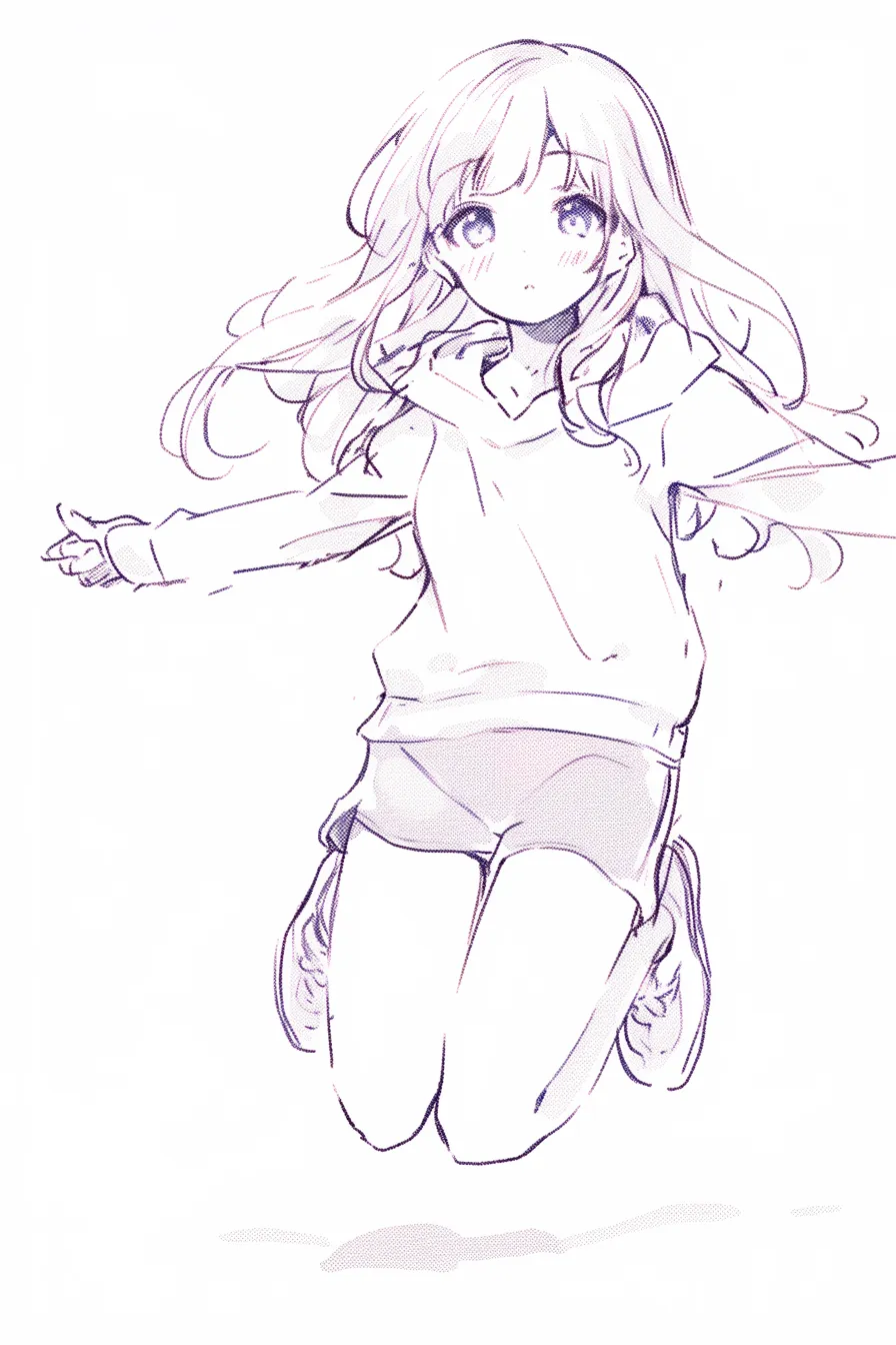 空を飛ぶ少女の真正面｜【基本構造】両足を曲げながら正面に向けた描き方で、空中での一瞬の静止を表現しています。<br>【演出の方向性】大きな瞳と柔らかい表情により、不安よりも希望や憧れを強調し、見る人にポジティブな印象を与えます。<br>