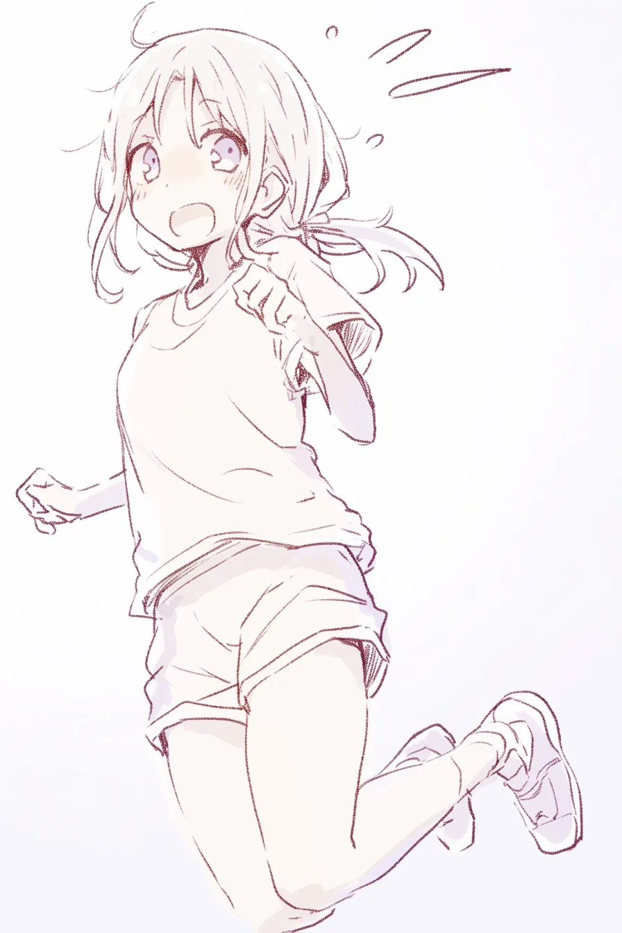 落下の驚き｜【基本構造】両腕を振り上げ、目を大きく見開いた描き方で、跳ねるポーズから急に落ちる瞬間を強調しています。<br>【演出の方向性】表情の開放感と勢いのある髪の動きで、思わず声を上げてしまうような驚きと可愛らしさを演出しています。<br>
