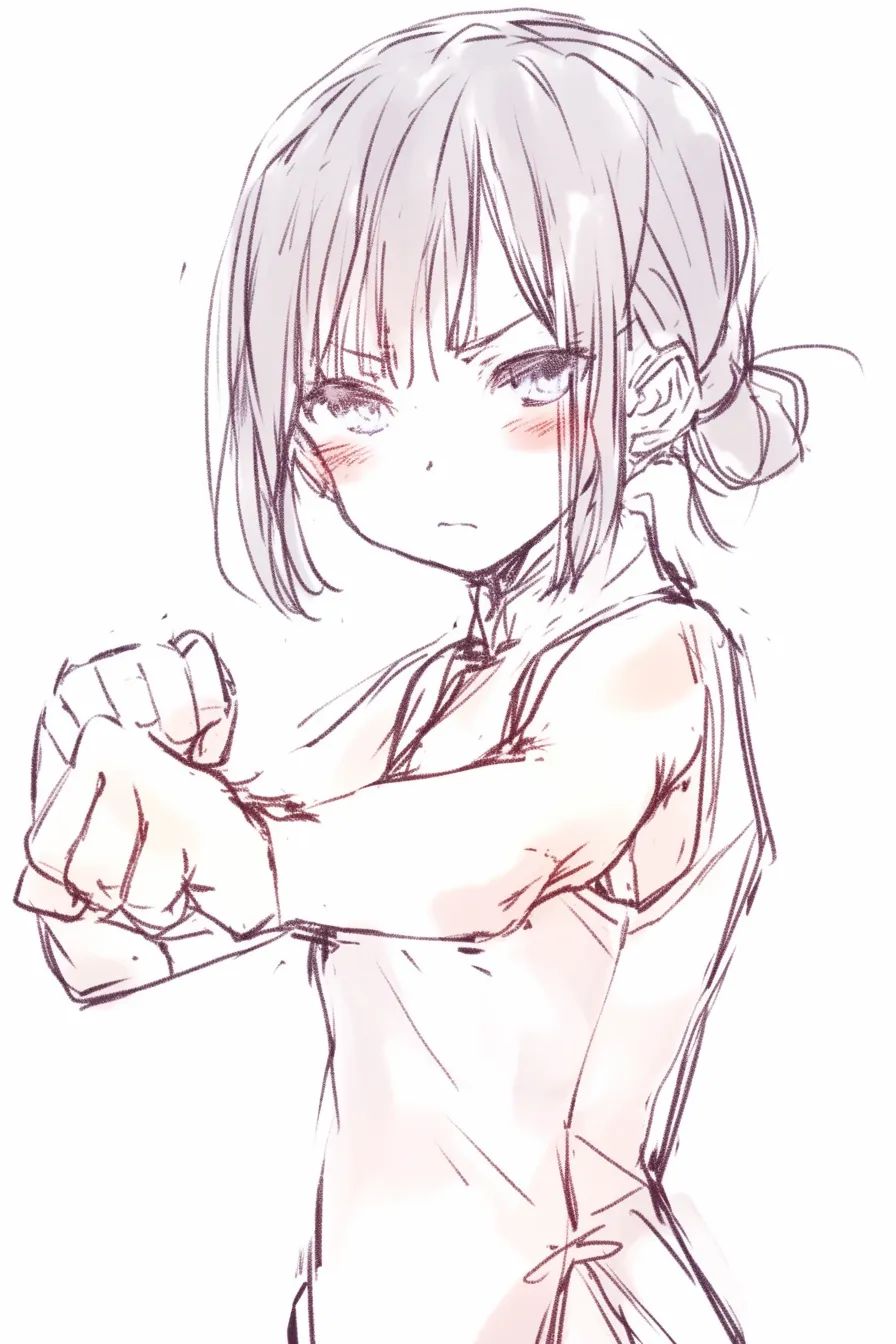 パンチポーズの構え｜【基本構造】上半身を前にひねり、両腕を体の正面で固める描き方で、拳を突き出す前の緊張感を強調しています。<br>【演出の方向性】眉間に力を入れた鋭い視線と頬の赤みが闘志を表し、開始直前の集中した空気感を演出しています。<br>