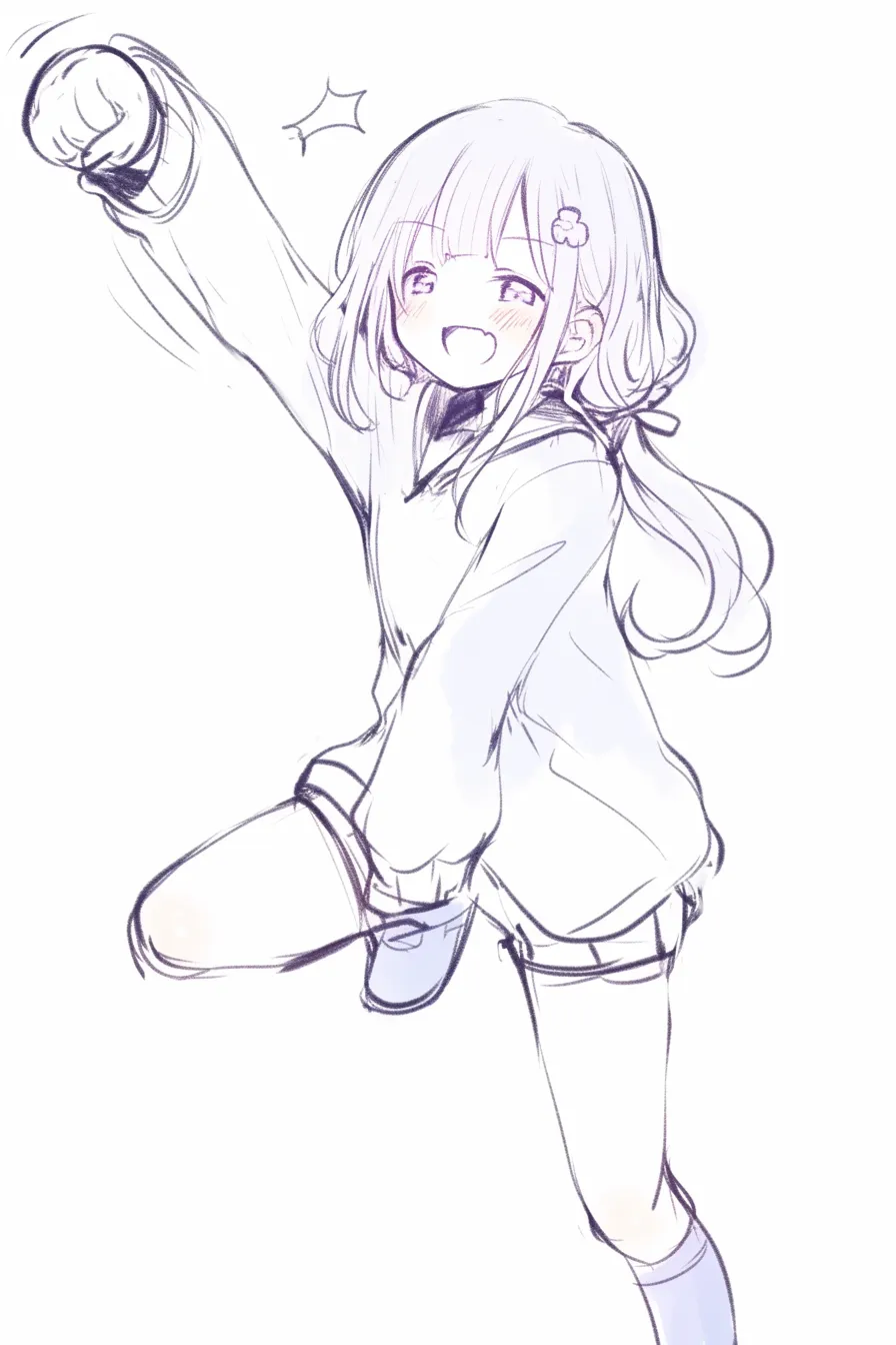 パンチポーズの元気｜【基本構造】拳を上に突き上げ、片足を前に出す描き方で、明るい表情と組み合わせています。<br>【演出の方向性】笑顔や髪飾りなどの柔らかい要素が、戦闘感よりも元気いっぱいの応援やポジティブさを強調しています。<br>