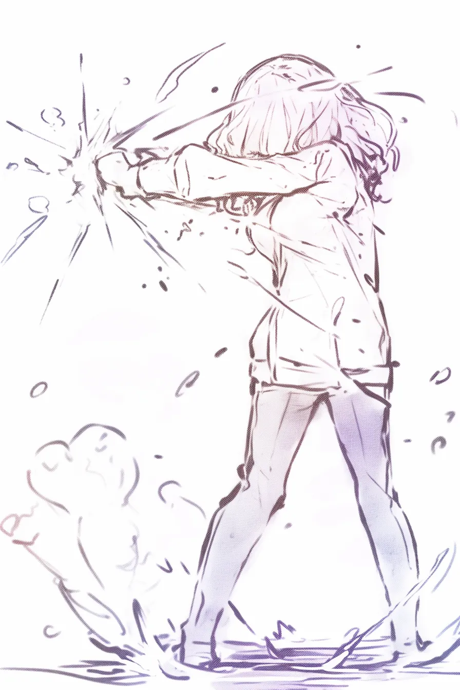パンチポーズの衝撃｜【基本構造】背中をやや反らせ、腕を大きく突き出す描き方で、衝突の瞬間を強調しています。<br>【演出の方向性】飛び散るエフェクトを追加することで、力強さや迫力を増し、観る側に衝撃を伝える表現です。<br>