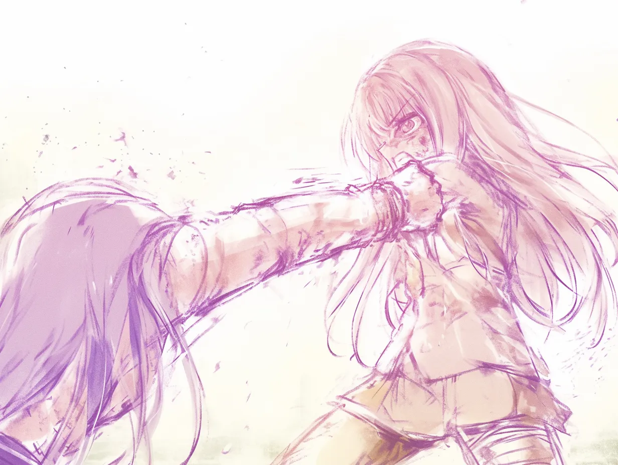 パンチポーズの一撃｜【基本構造】正面から相手に拳を叩き込む描き方で、全身のひねりと体重移動が拳に集約されています。<br>【演出の方向性】表情の険しさと荒々しい筆致で、激しい戦闘の緊張感を盛り上げています。<br>