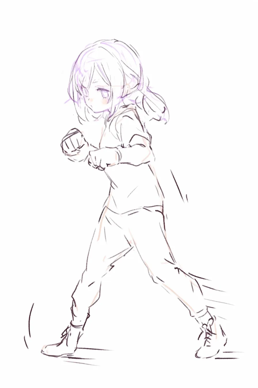 パンチポーズの歩み｜【基本構造】両拳を胸の前に構えながら前進する描き方で、ステップの動きが含まれています。<br>【演出の方向性】リズミカルな足取りと真剣な眼差しで、持久戦や練習の雰囲気を表現しています。<br>