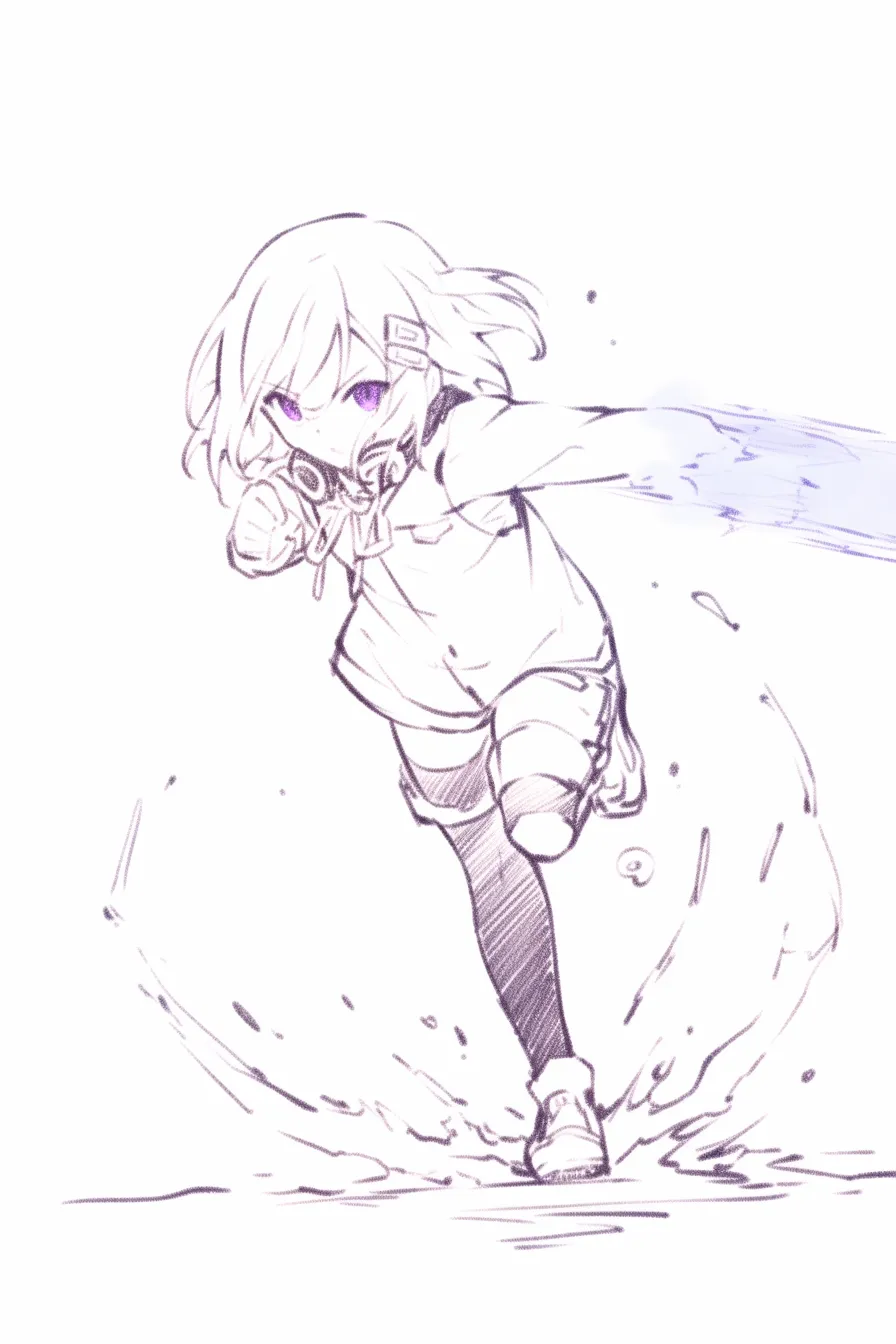 パンチポーズの突進｜【基本構造】前傾姿勢で走り込みながら拳を繰り出す描き方で、力とスピードを融合させています。<br>【演出の方向性】地面を蹴り上げる水しぶきや光の尾を伴わせることで、必殺技のような迫力ある演出になっています。<br>