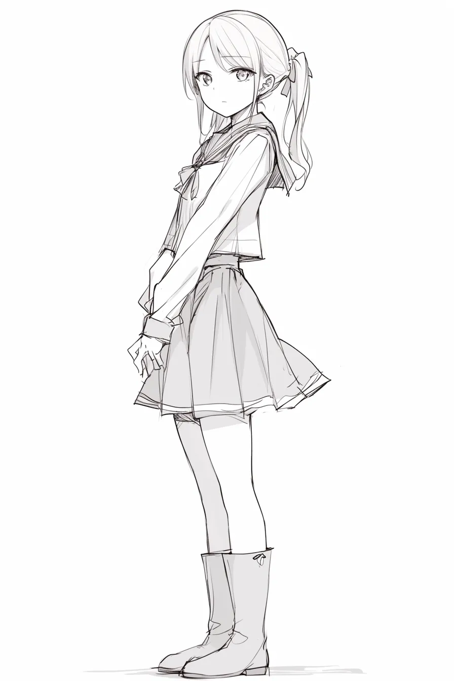 立ち絵の女（制服姿の横向き）｜【基本構造】身体を横向きに配置し、両手を前で重ねる描き方です。セーラー服とブーツを合わせ、髪をポニーテールにまとめています。<br>【演出の方向性】やや硬い立ち姿と真剣な表情が控えめで落ち着いた印象を与え、静かな緊張感を含んでいます。<br>
