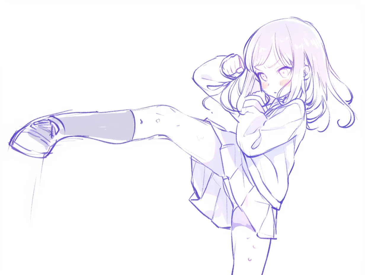 キックポーズの直撃｜【基本構造】軸足を安定させ、前方に足を伸ばす描き方で、直線的な攻撃を強調しています。<br>【演出の方向性】頬を赤らめた真剣な表情とスカートの揺れが、少女らしさと戦闘感を両立させています。<br>