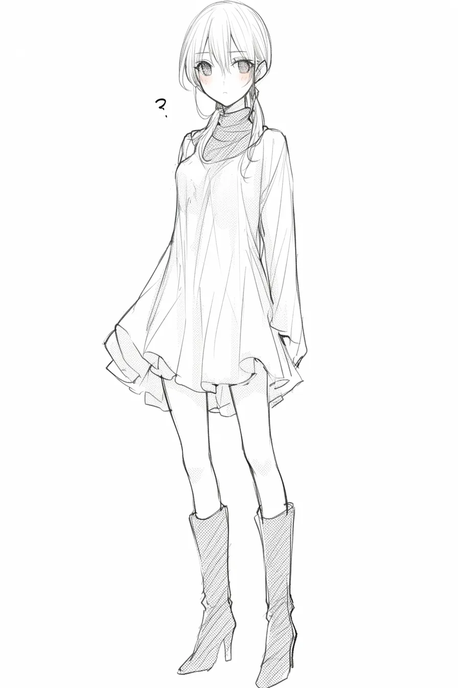立ち絵の女（疑問を抱くワンピース姿）｜【基本構造】ゆったりと広がるワンピースにブーツを合わせた描き方で、身体をやや内側に傾けています。髪は後ろでまとめています。<br>【演出の方向性】横に浮かぶ「？」の記号と小首をかしげた視線が戸惑いを示し、無垢で不思議そうな印象を強調しています。<br>