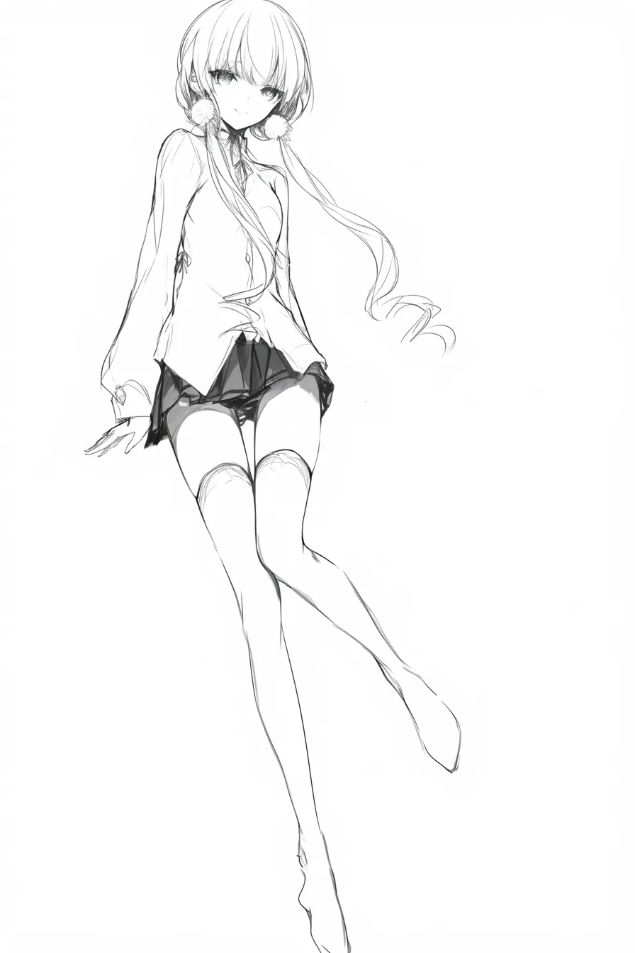 立ち絵の女（座り姿の微笑み）｜【基本構造】腰掛けるような姿勢で、足を伸ばして描き方をまとめています。髪を左右に分けて長く垂らし、シャツとショートパンツを組み合わせています。<br>【演出の方向性】柔らかな笑みと髪飾りの丸い装飾が可憐さを演出し、リラックスした親しみやすさを伝えています。<br>