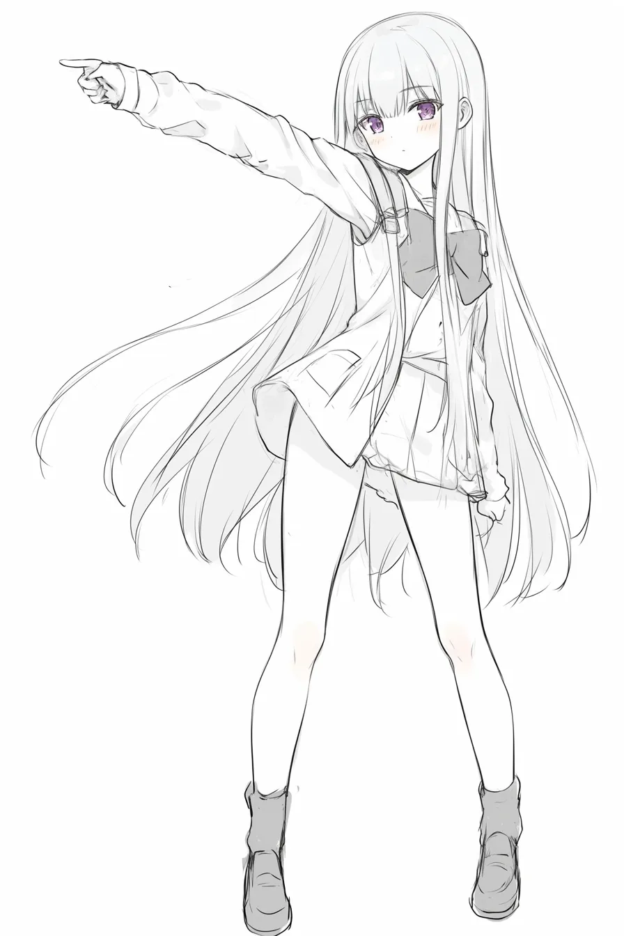 立ち絵の女（力強く指差す少女）｜【基本構造】大きく腕を伸ばし指を差す描き方で、制服風の上着とスカートを合わせています。長い髪が後方に流れています。<br>【演出の方向性】頬の赤みと真剣な目が決意を映し出し、堂々とした行動力を強調しています。<br>
