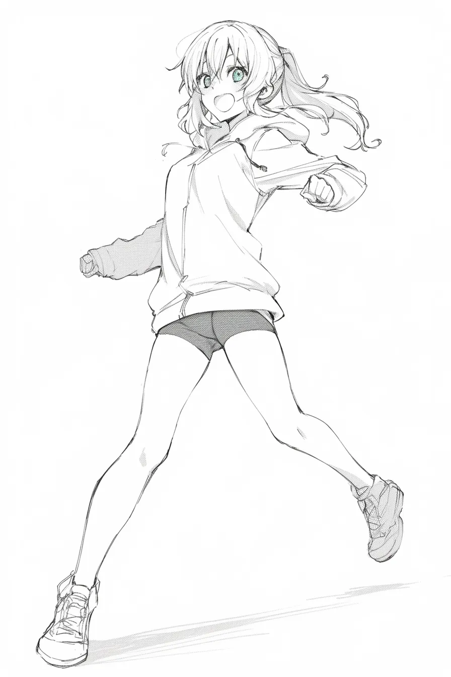 立ち絵の女（スポーティに跳ねる）｜【基本構造】パーカーと短パンを組み合わせ、片足を大きく上げた跳躍ポーズの描き方です。髪はポニーテールで動きを伴っています。<br>【演出の方向性】大きく開いた口元と輝く瞳が躍動感を示し、元気いっぱいで快活な印象を与えています。<br>