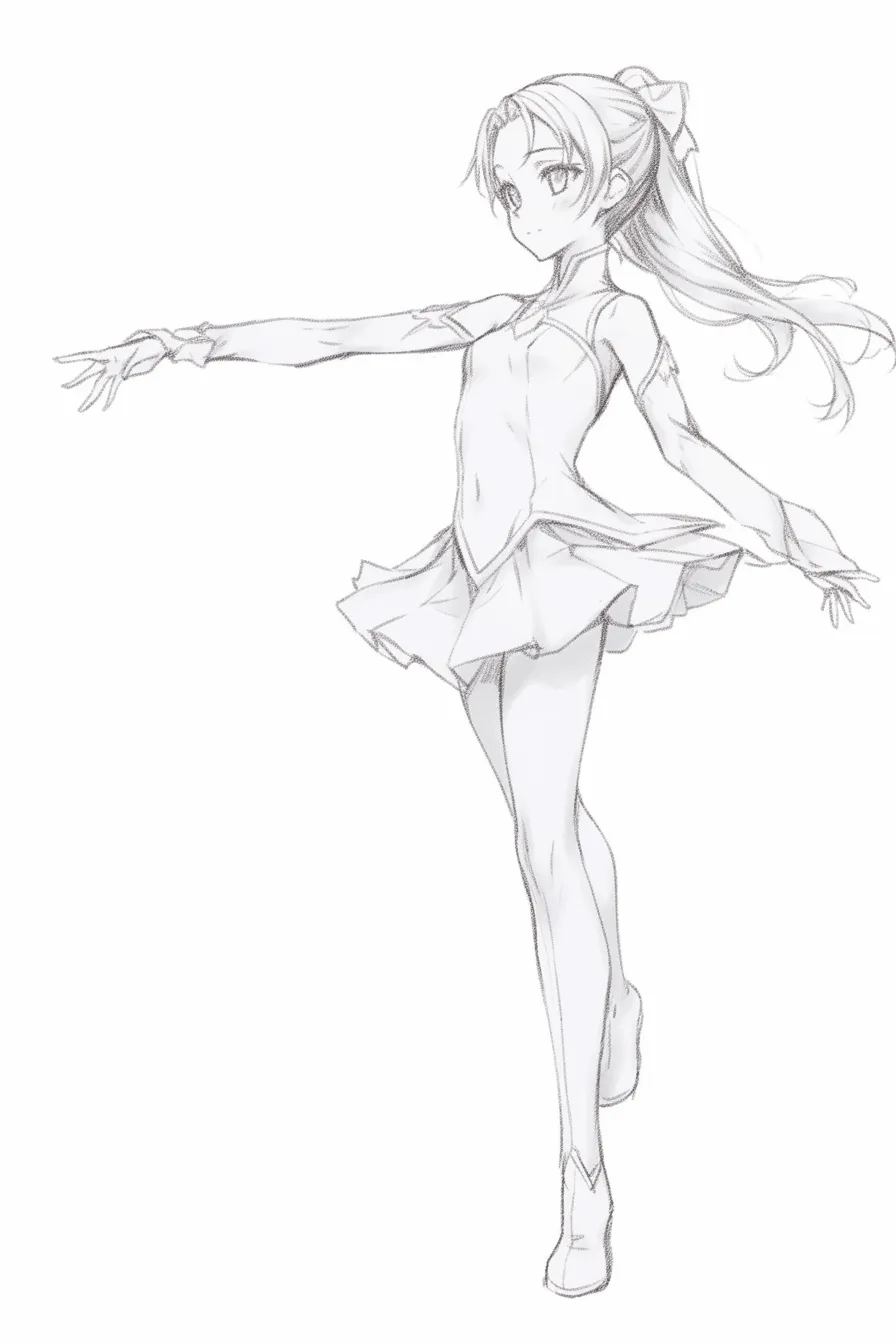 立ち絵の女（舞うようなドレス姿）｜【基本構造】両腕を広げ、片足を優雅に引いた描き方で、短いフレアドレスとリボンを組み合わせています。髪はポニーテールで流れるように描いています。<br>【演出の方向性】バランスよく広がるスカートと真剣な横顔が舞台的な華やかさを醸し、気品ある雰囲気を漂わせています。<br>