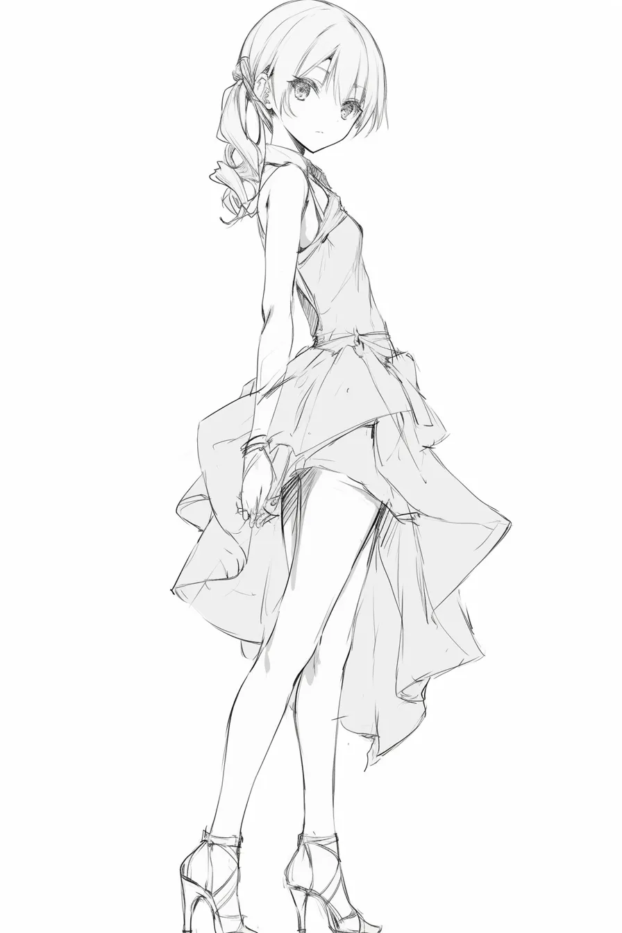 立ち絵の女（ドレス姿の横向き）｜【基本構造】片足を後ろに引き、上半身をひねる描き方で、裾が段差のあるドレスと高いヒールを合わせています。髪は後ろでまとめて大きなリボンをあしらっています。<br>【演出の方向性】振り返る視線と柔らかな表情が上品さを引き立て、舞台に立つような優雅さを漂わせています。<br>