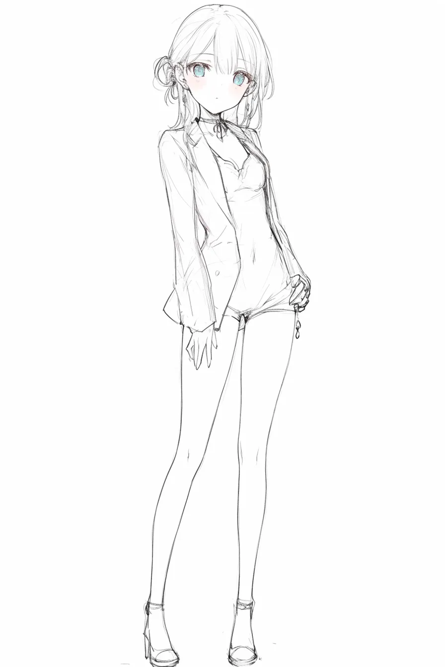 立ち絵の女（ジャケットとショートパンツ）｜【基本構造】直立で片手を軽く腰に添える描き方で、ショートパンツとジャケットを組み合わせています。二つ結びにした髪型が特徴です。<br>【演出の方向性】大きな瞳と頬の赤みが無垢さを強調しつつ、ジャケットの組み合わせが大人びた雰囲気を与えています。<br>