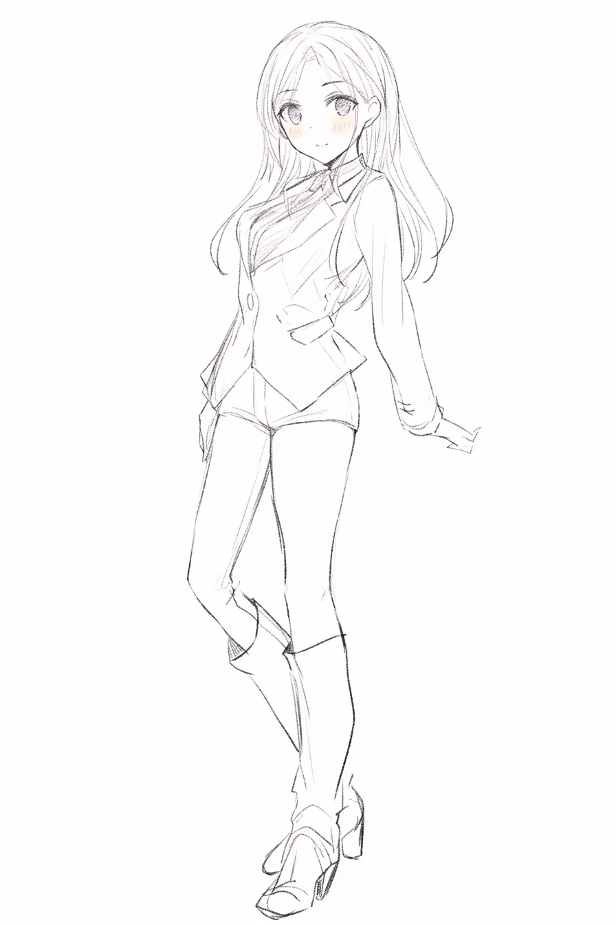 立ち絵の女（スーツ風で微笑む）｜【基本構造】片足を軽く曲げて体重を移す描き方で、ジャケットにショートパンツを合わせています。髪は長く流れるシンプルなスタイルです。<br>【演出の方向性】柔らかな笑みと頬の赤みが親しみやすさを演出し、清潔感と可愛らしさを兼ね備えています。<br>
