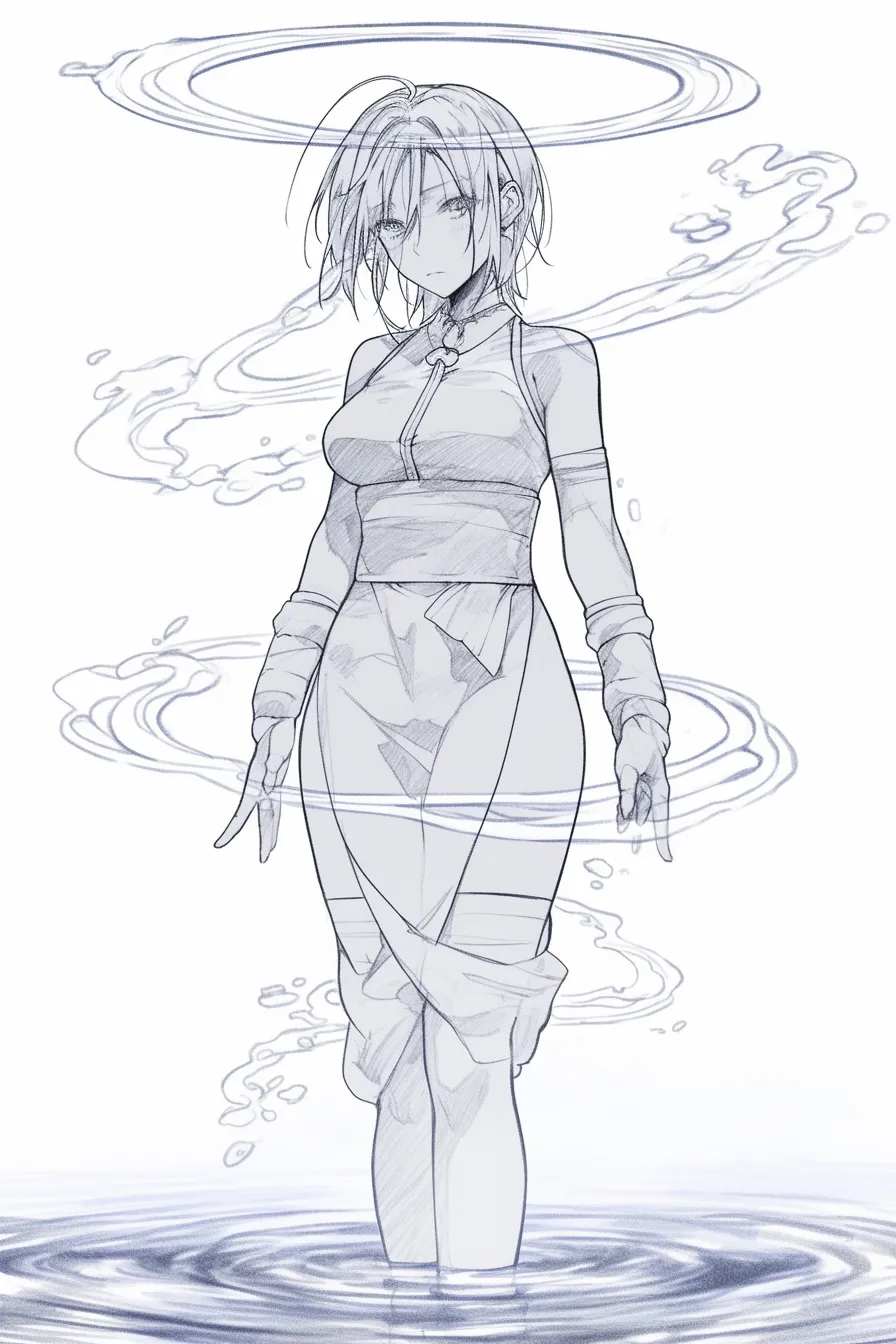 立ち絵の女（水辺に佇む幻想的な姿）｜【基本構造】両手を下げて直立する描き方で、身体は水面に立たせています。装束は身体に沿ったデザインで、布が腰から流れています。<br>【演出の方向性】頭上や背後に浮かぶリング状の光と水流の演出が神秘性を高め、静かな威厳を感じさせます。<br>