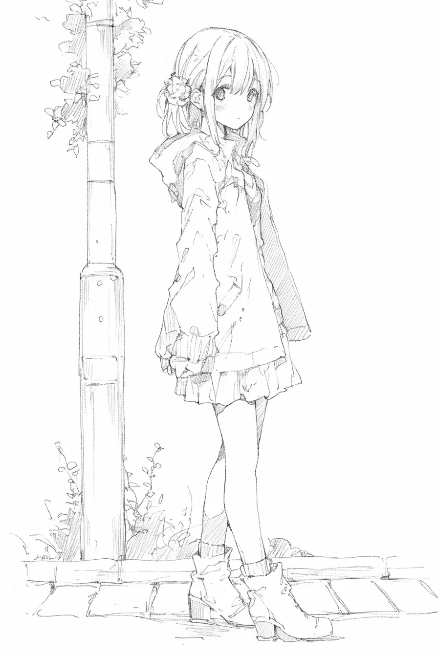 立ち絵の女（街角に立つ少女）｜【基本構造】片足を軽く引いて立ち、片手を垂らす描き方です。フード付きの大きめの上着とスカートを組み合わせ、髪を短くまとめています。<br>【演出の方向性】視線を横に流す表情と背景の街路描写が日常感を加え、素朴で自然な雰囲気を漂わせています。<br>