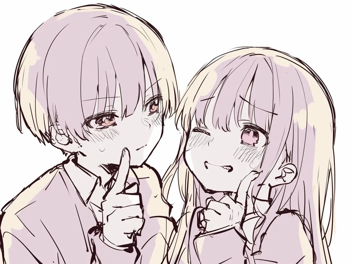 2人組（おどけた表情の男女）｜【基本構造】少年は驚いたように頬を染め、少女は牙を見せるように笑う描き方で、両手を頬に添えています。<br>【演出の方向性】コミカルな掛け合いと強調された表情が楽しい雰囲気を生み、幼さや無邪気さを感じさせます。<br>