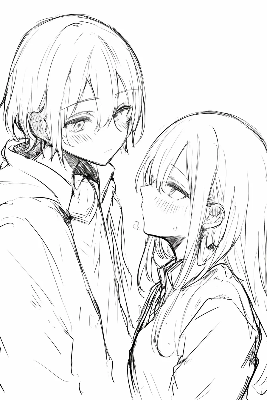 2人組（向かい合う真剣な視線）｜【基本構造】少年と少女が向き合い、やや距離を詰める描き方で、少女は見上げる姿勢です。<br>【演出の方向性】赤らんだ表情と視線の交差が、告白前のような緊張感や高揚を演出しています。<br>