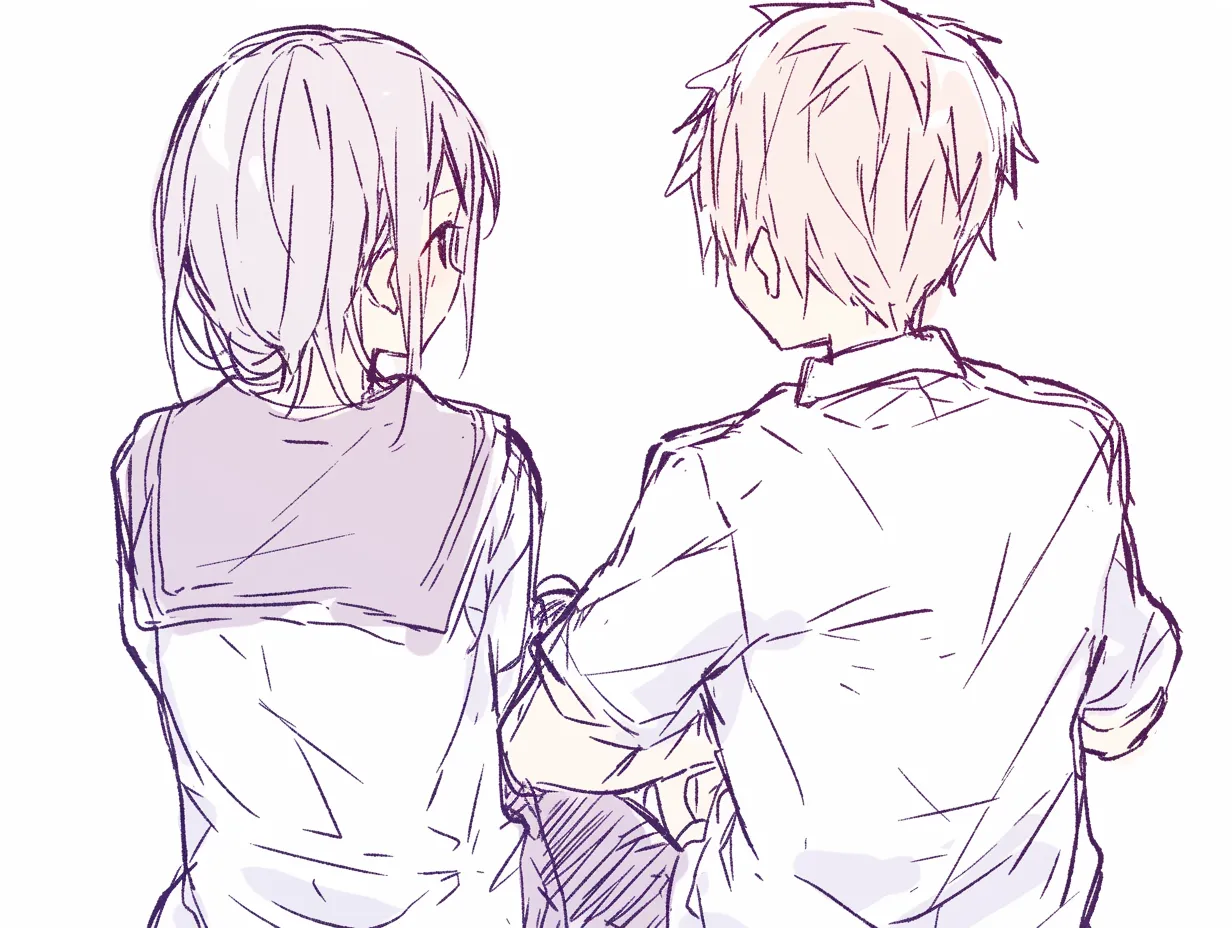 2人組の横並び｜【基本構造】座った男女を背後から描き方で捉え、肩の位置や体の角度を揃えることで落ち着いた構図になっています。<br>【演出の方向性】少女の視線と柔らかな髪の流れが親しみや会話の空気を伝え、肩越しの距離感が穏やかな関係性を示しています。<br>