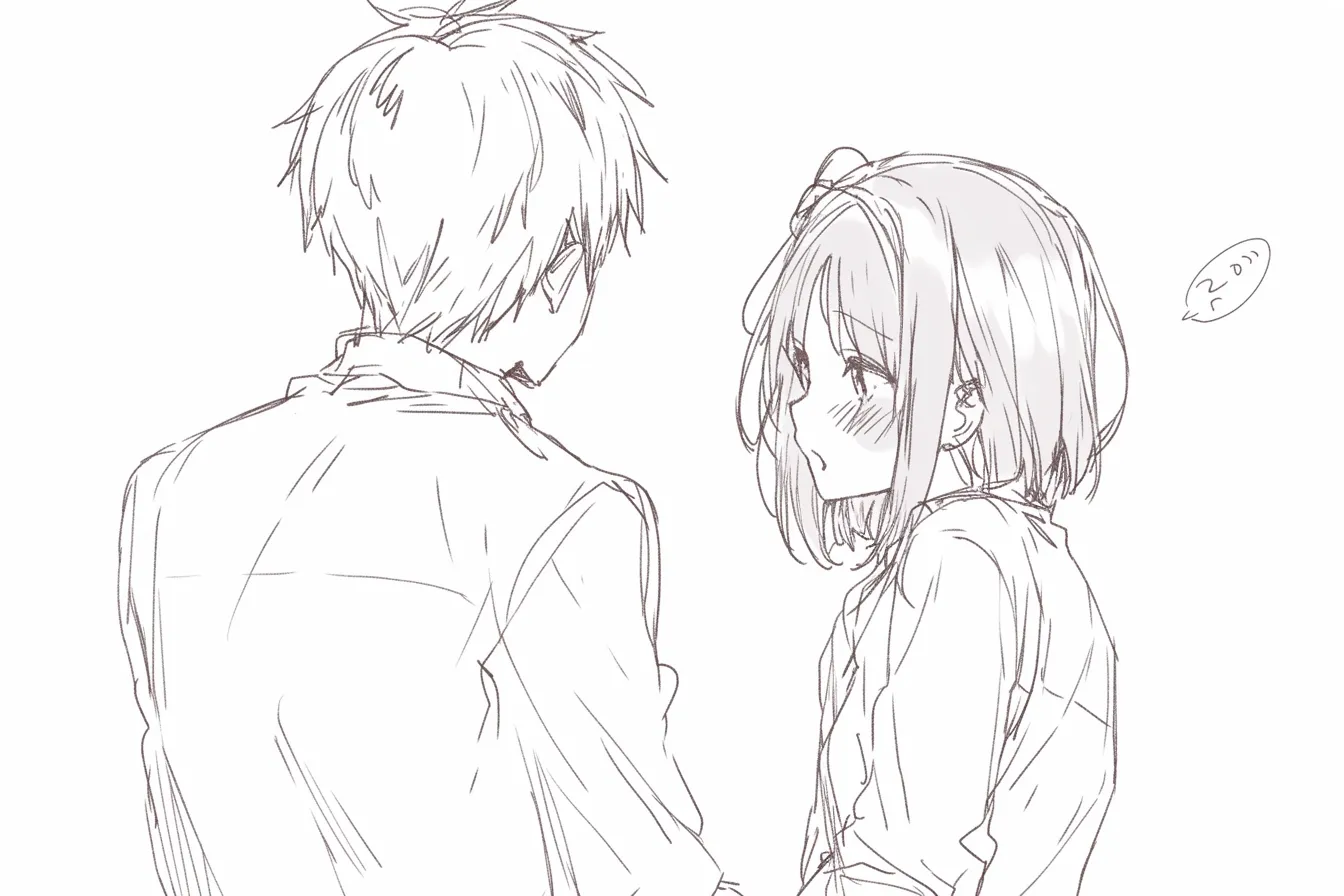2人組の会話風景｜【基本構造】少年がやや振り向き、少女と視線を合わせるように描き方で調整された半身構図です。<br>【演出の方向性】少女の赤らんだ頬と小さな吹き出しで照れを強調し、視線の交わりから生まれる初々しい緊張感を演出しています。<br>