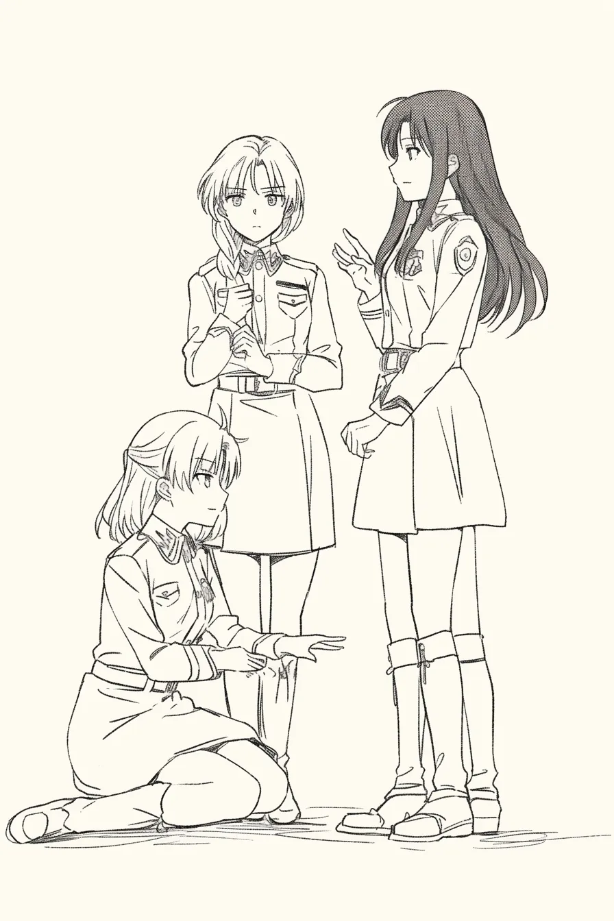 3人組の会話シーン｜【基本構造】立ち姿と座り姿を組み合わせ、自然な対話の流れを意識した描き方で、目線の高さに変化をつけています。<br>【演出の方向性】手振りや視線で会話の動きを補強し、関係性の違いを見せています。落ち着いたグループの交流を描いた演出です。<br>