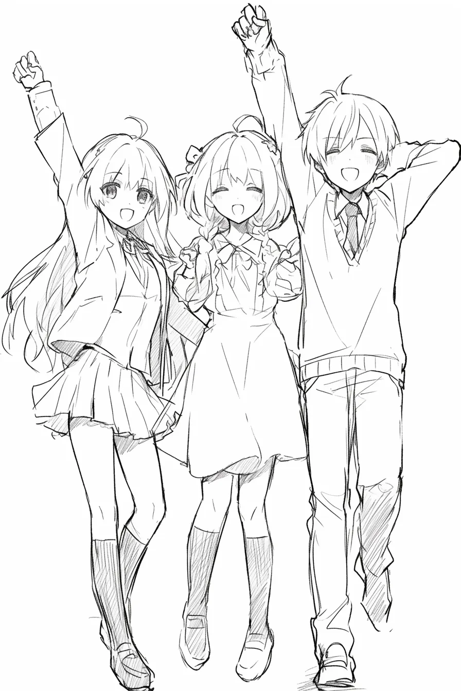 かわいい3人組の元気な笑顔｜【基本構造】三人が肩を並べて両腕を高く掲げる描き方で、足の動きを揃えて一体感を強調しています。<br>【演出の方向性】大きく開いた口と輝く瞳で明快な喜びを表し、全体に弾けるようなかわいらしい元気さを演出しています。<br>