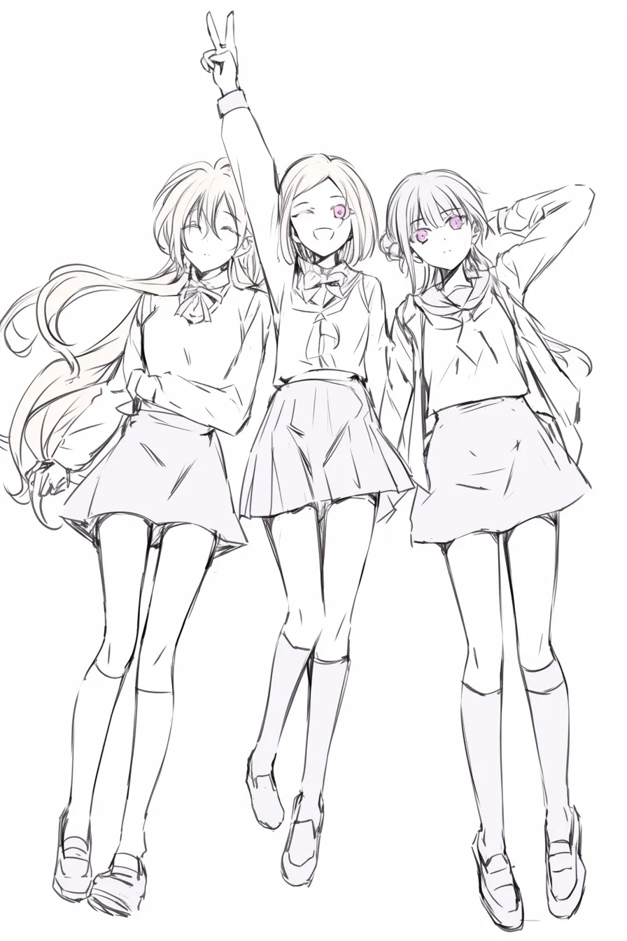 かわいい3人組のポーズ遊び｜【基本構造】三人が寄り添い、中央の人物がピースサインを掲げる描き方で、両端の姿勢を変化させています。<br>【演出の方向性】手のサインや片目ウィンクによって茶目っ気が加わり、かわいらしい無邪気さを引き出しています。<br>