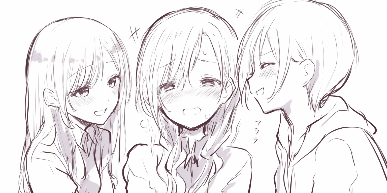 かわいい3人組の照れ笑い｜【基本構造】中央に焦点を置き、両脇から覗き込むように配置する描き方でバランスを整えています。<br>【演出の方向性】頬の赤みや汗マークを添えることで、恥ずかしさと楽しさが入り混じった愛らしい雰囲気を生んでいます。<br>