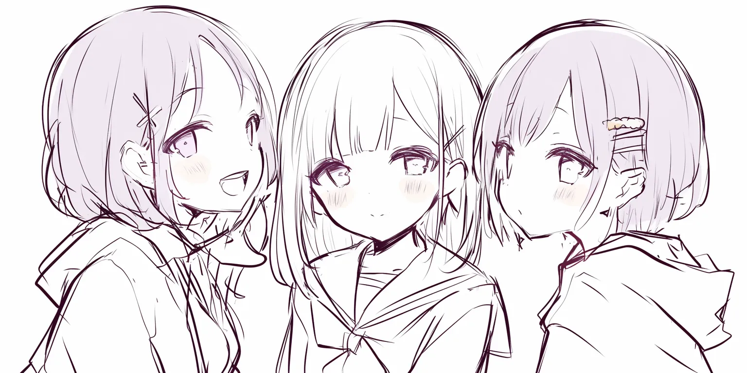 かわいい3人組の素朴な笑み｜【基本構造】三人を正面から並べ、自然な視線の流れを作る描き方で統一感を持たせています。<br>【演出の方向性】控えめな口元の笑みと柔らかい視線が、素直であどけないかわいらしさを漂わせています。<br>