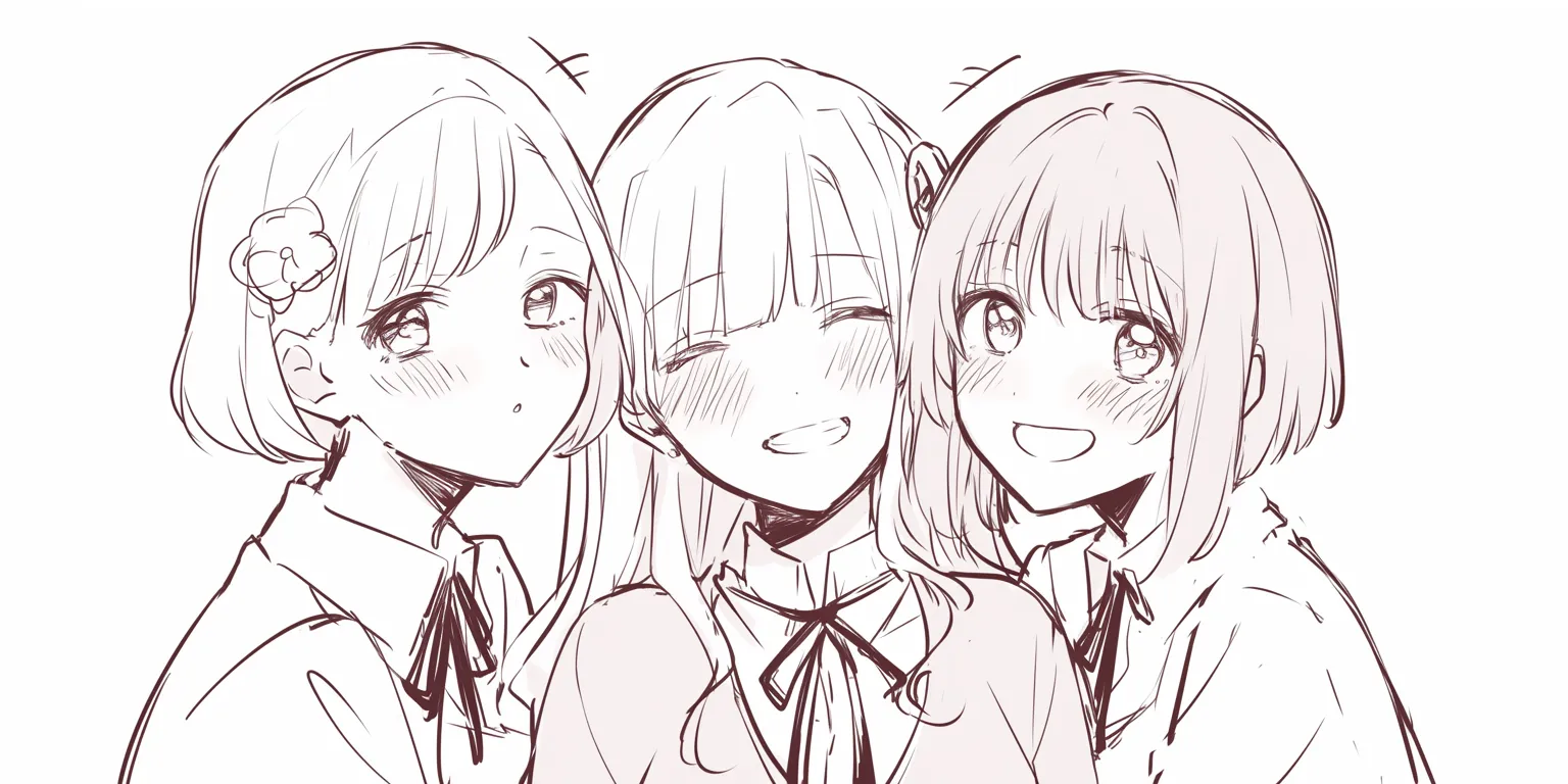 かわいい3人組の仲良し笑顔｜【基本構造】三人の顔を近づけて肩を重ねる描き方で、距離感を縮めています。<br>【演出の方向性】頬の赤みと無邪気な笑みが、友情の温かさをかわいく強調しています。<br>