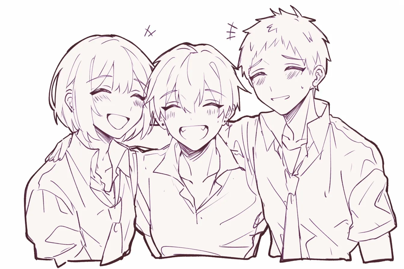 かわいい3人組のはしゃぎ｜【基本構造】肩を組んで横並びに立つ描き方で、笑顔を揃えています。<br>【演出の方向性】目を細め大きく口を開けた表情が、楽しさの共有とかわいい親近感を印象づけています。<br>