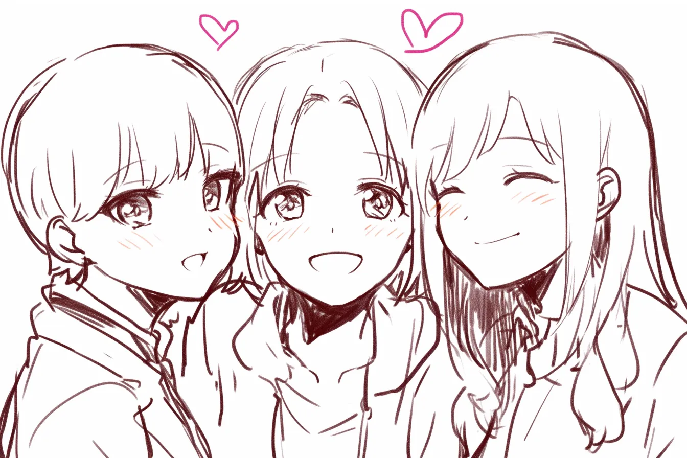 かわいい3人組のハート笑顔｜【基本構造】三人を肩を寄せ合って並べる描き方で、頭上にハートを配置しています。<br>【演出の方向性】頬の赤みとシンプルな笑顔が、愛情や親密さをかわいらしく表現しています。<br>