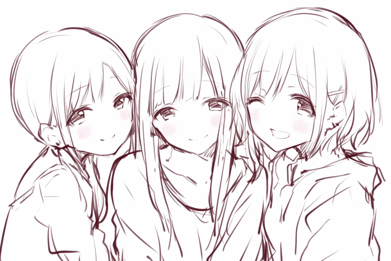 かわいい3人組の素直な微笑み｜【基本構造】三人を正面に整列させ、顔の距離を近づける描き方です。<br>【演出の方向性】穏やかな笑みと淡い赤みで、素直で無邪気なかわいらしさを強調しています。<br>