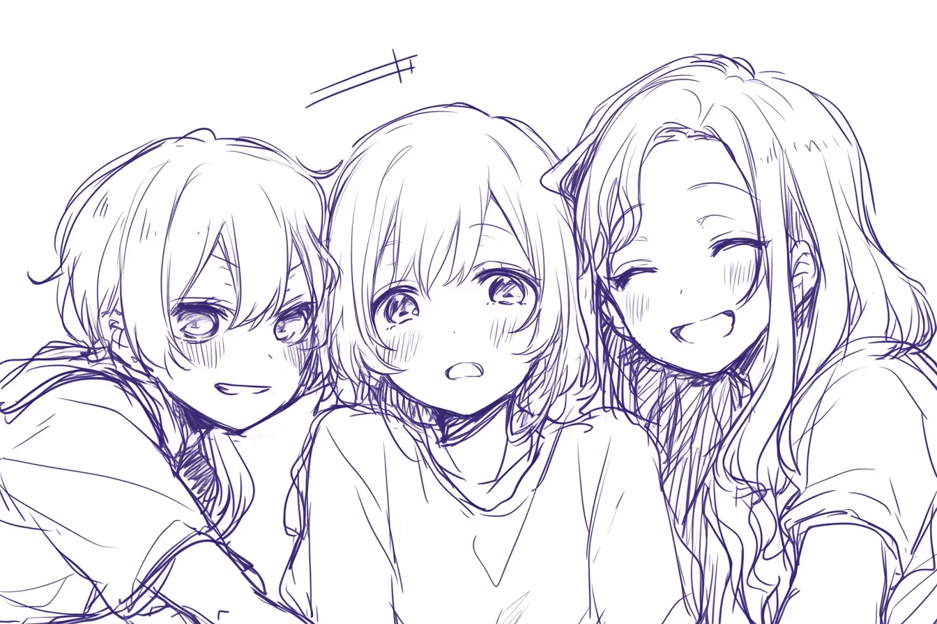 かわいい3人組の明るい笑顔｜【基本構造】三人を横並びに配置し、肩を重ねる描き方で一体感を強調しています。<br>【演出の方向性】片方が大きく笑い、片方が驚いた表情をすることで、対照的で活発なかわいらしさを引き立てています。<br>