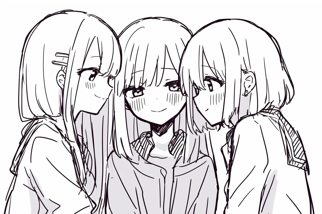 かわいい3人組の甘え視線｜【基本構造】中央を正面に置き、左右が向き合うように寄せる描き方です。<br>【演出の方向性】柔らかな笑みと上目遣いの視線で、愛嬌のあるかわいらしさを強調しています。<br>